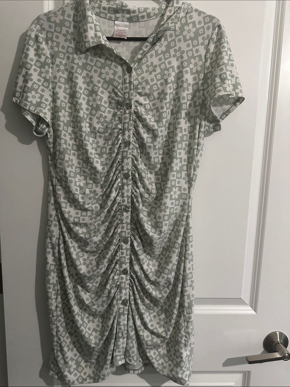 Floral Ruched Button-Front Dress in Sage Green